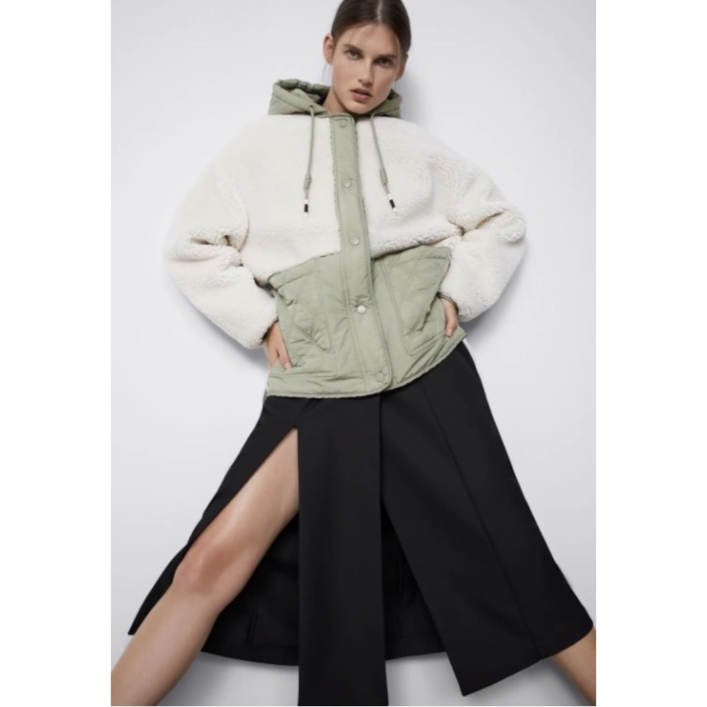Zara Padded Cream White & Green Hooded Sherpa Fleece Button Up Jacket sz S - Picture 8 of 9